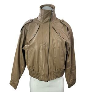 Nonchalant Women's Beige Tan Faux Leather Vegan Full Zip Bomber Jacket Size S
